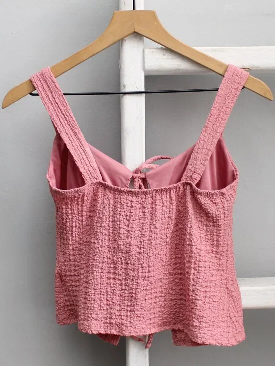 See You Monday Mauve Pink Textured Tie-Front Open Cropped Tank Top Size Small - Picture 2 of 4